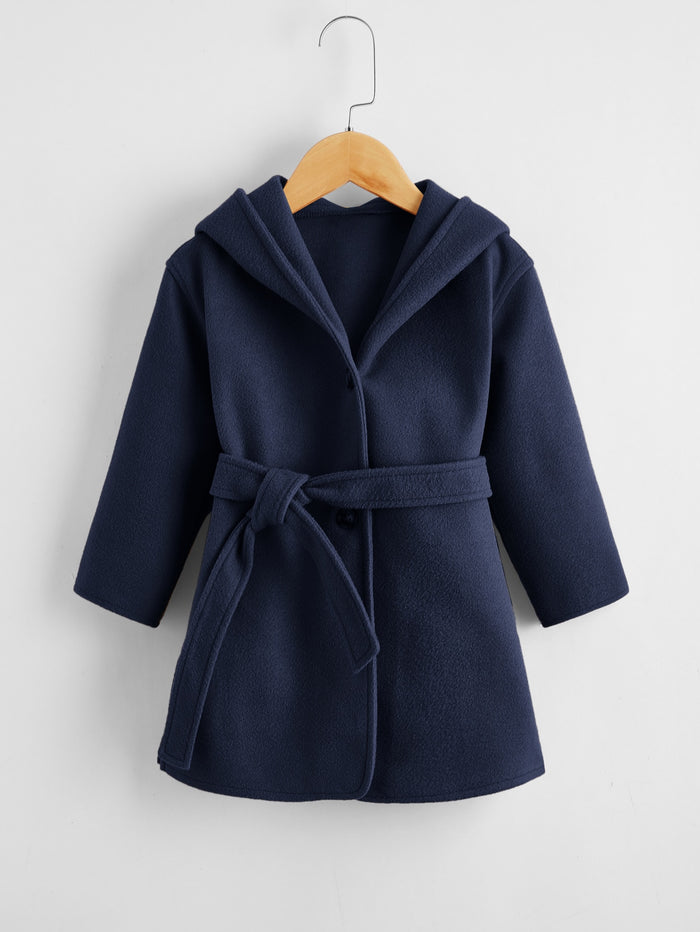 Toddler Girls Single Breasted Hooded Belted Coat Navy Blue