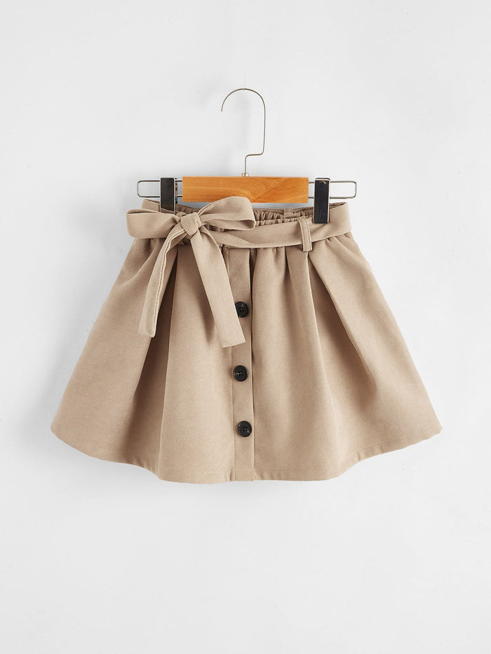 Toddler Girls Self Tie Button Detail Flare Skirt Khaki