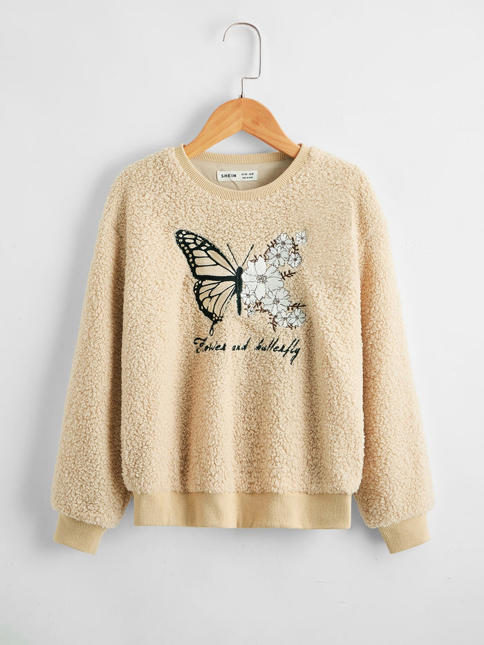 Girls Butterfly & Letter Embroidered Teddy Pullover
