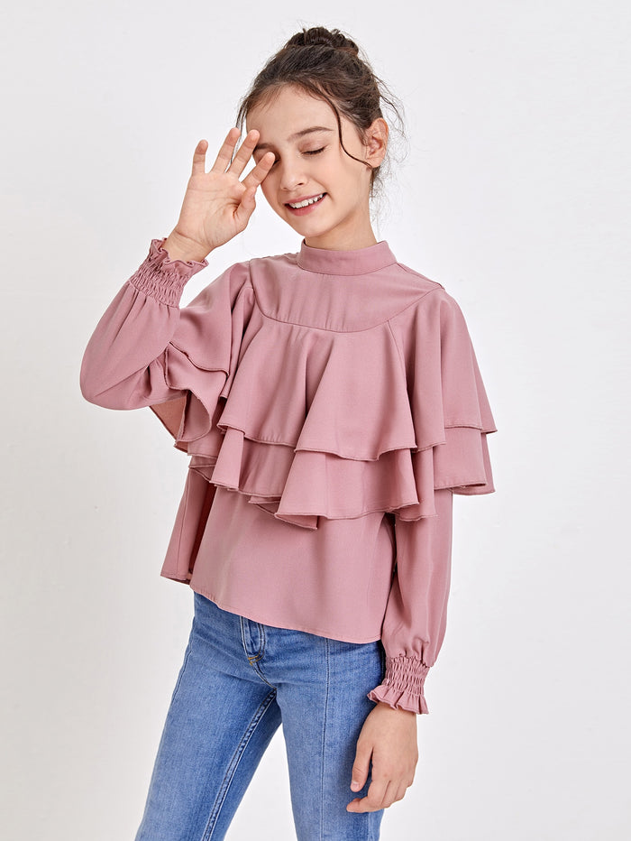 Girls Shirred Cuff Ruffle Trim Top