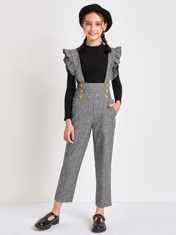 Girls Ruffle Trim Strap Buttoned Front Pinafore Jumpsuit