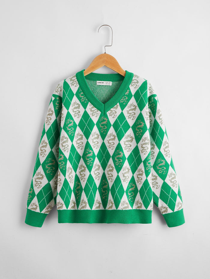 Boys V-neck Chinese Dragon and Argyle Sweater