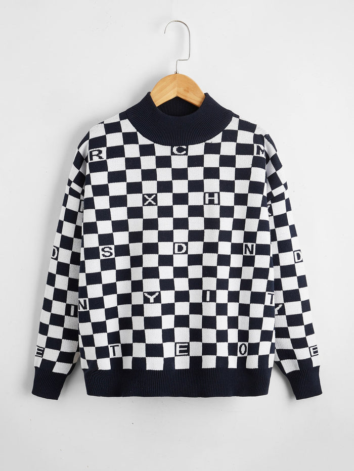 Boys Letter & Checker Pattern Sweater