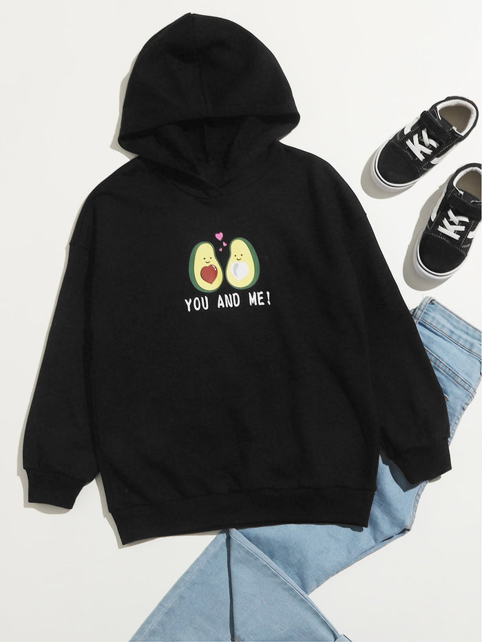 Girls Drop Shoulder Cartoon Graphic Hoodie Black