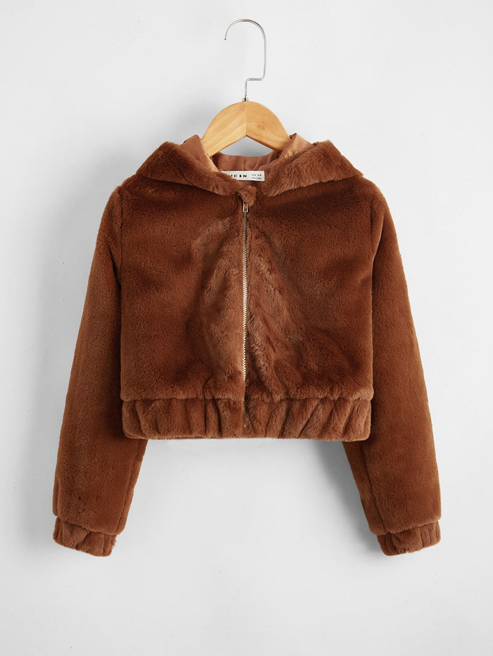 Girls Zipper Up Fuzzy Hooded Coat Coffee Brown