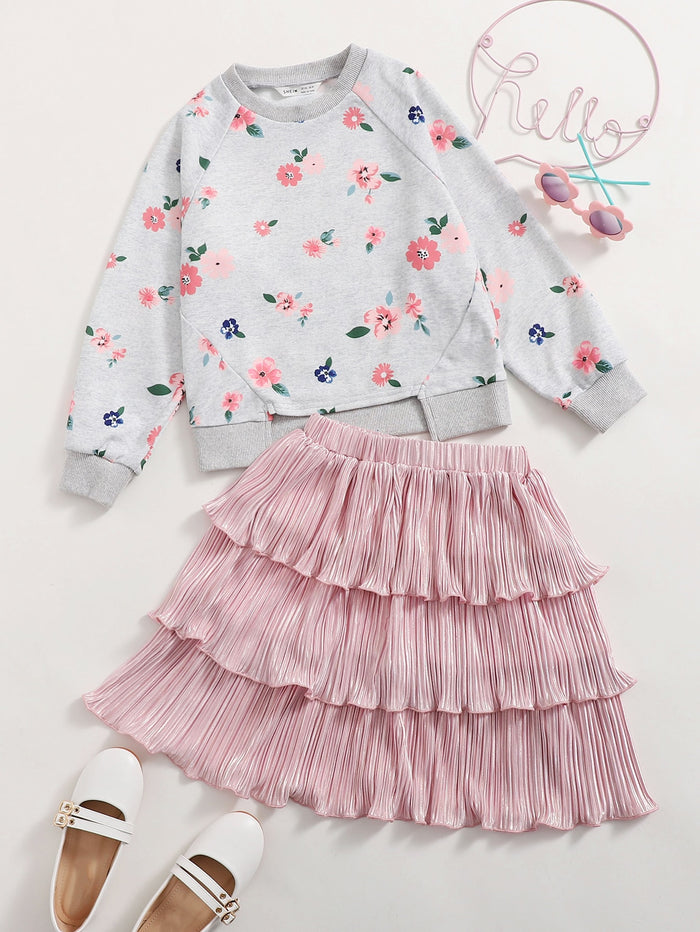 Girls Raglan Sleeve Floral Print Pullover & Layered Pleated Hem Skirt Set