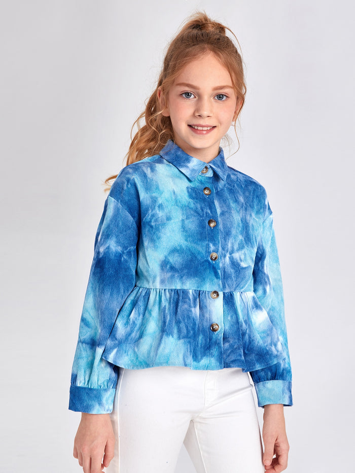 Girls Tie Dye Button Front Ruffle Hem Blouse