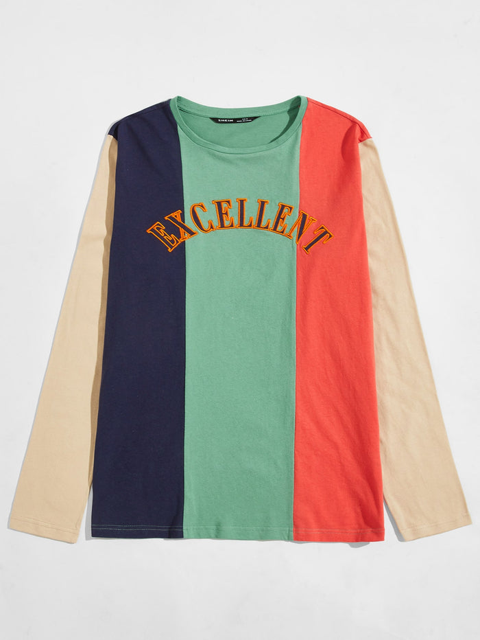Men Color Block Letter Embroidery Tee