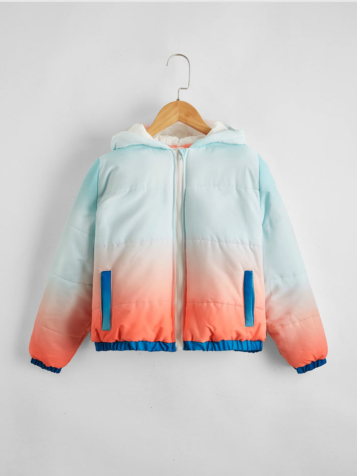 Girls Ombre Zipper Up Hooded Puffer Jacket