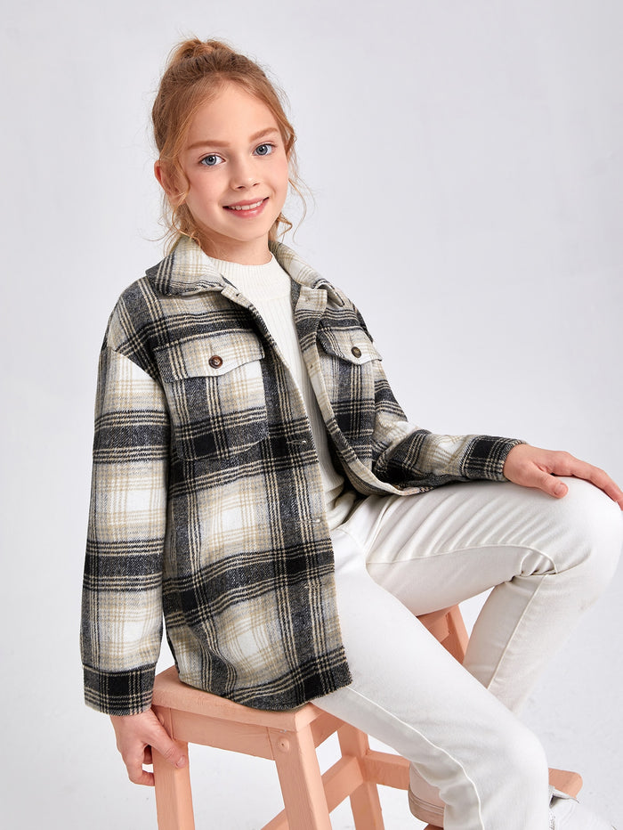 Girls Flap Pocket Plaid Coat