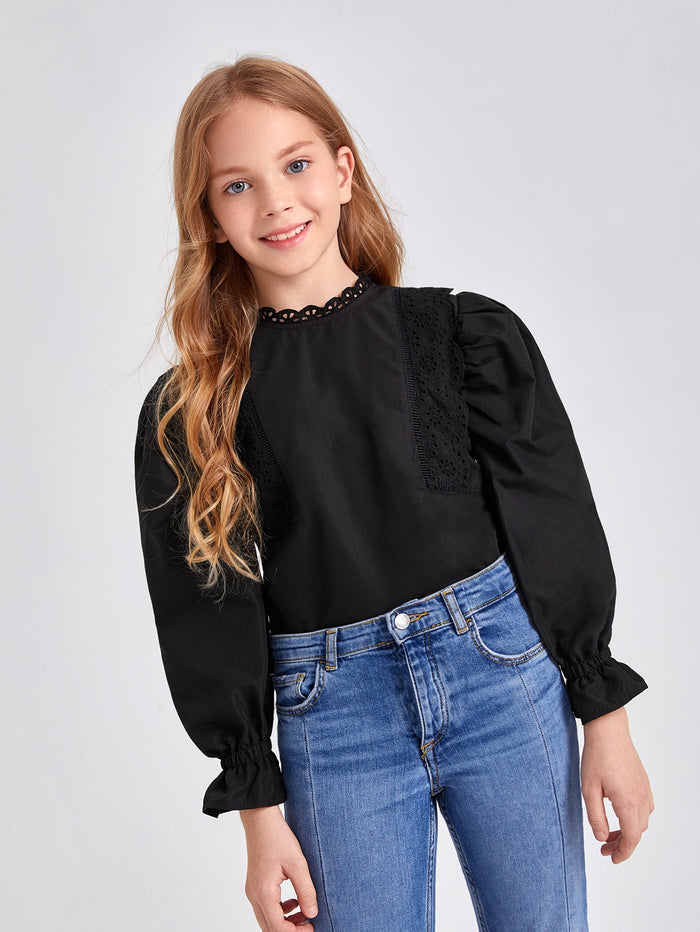 Girls Guipure Lace Trim Ruffle Cuff Top