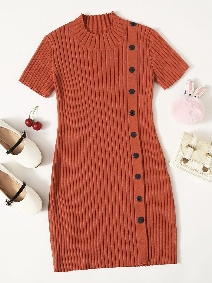 Girls Single Breasted Ribbed Knit Sweater Dress