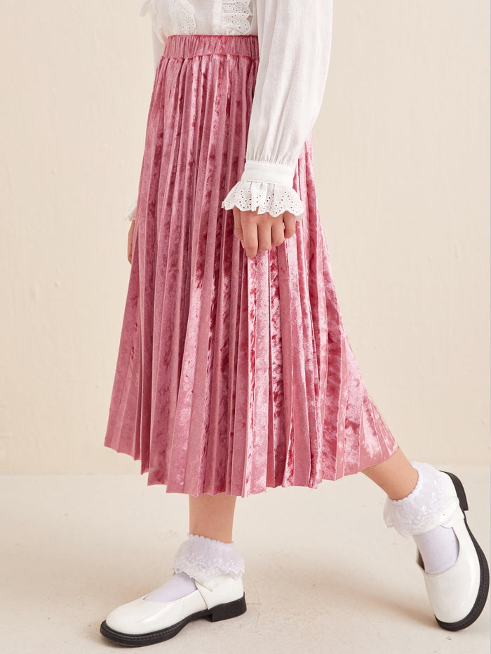 Girls Elastic Waist Pleated Velvet Skirt