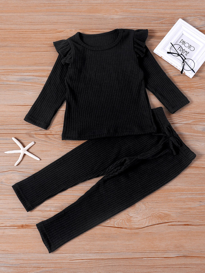 Toddler Girls Ruffle Trim Tee With Bow Front Pants Black