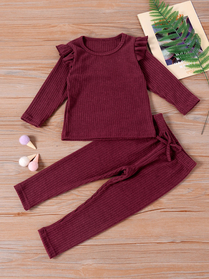 Toddler Girls Ruffle Trim Tee With Bow Front Pants Burgundy