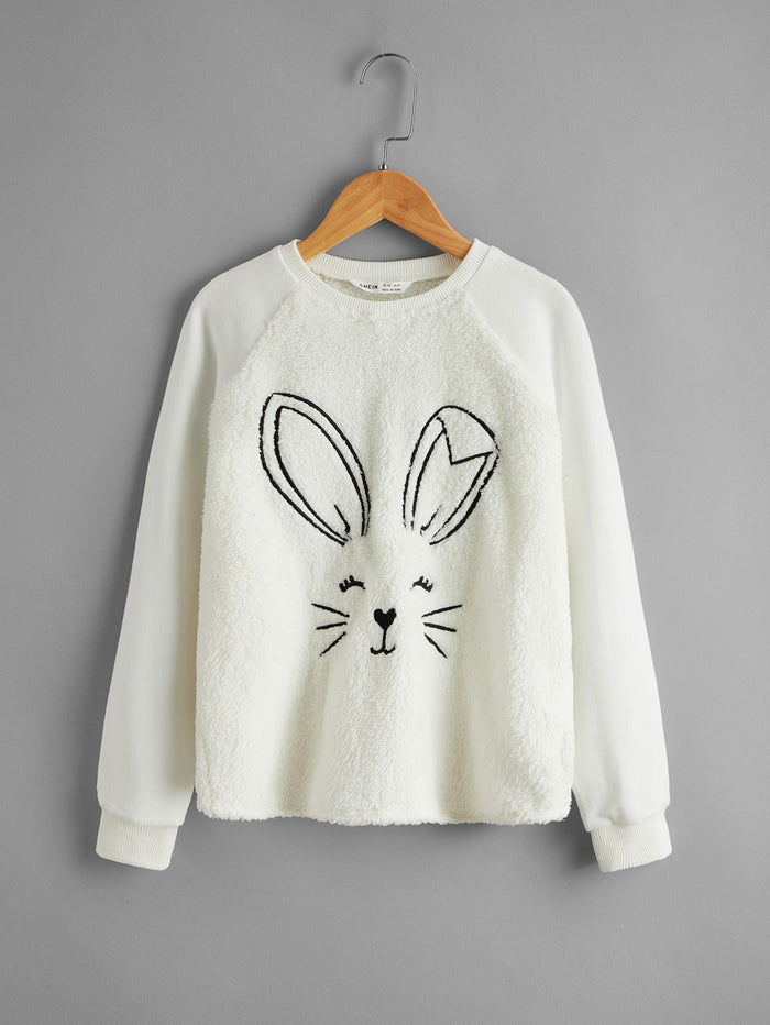 Girls Raglan Sleeve Rabbit Embroidered Teddy Pullover