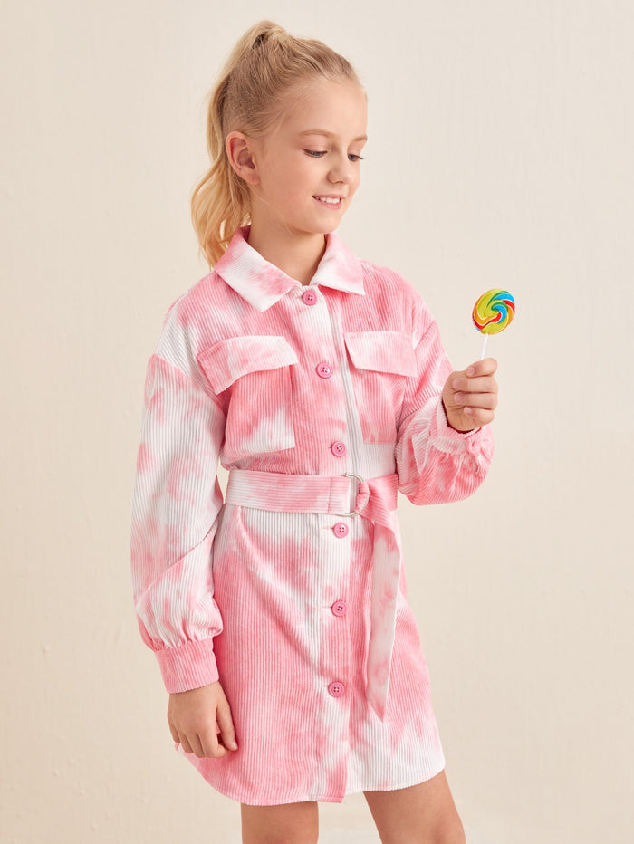 Girls Single Breasted Flap Pocket Tie Belted Cord Coat
