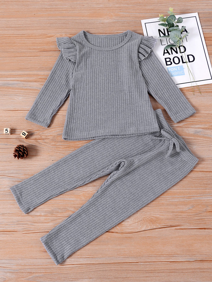 Toddler Girls Ruffle Trim Tee With Bow Front Pants Grey