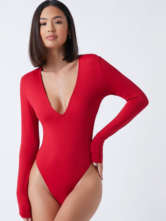BASICS Plunging Neck Solid Fitted Bodysuit Red