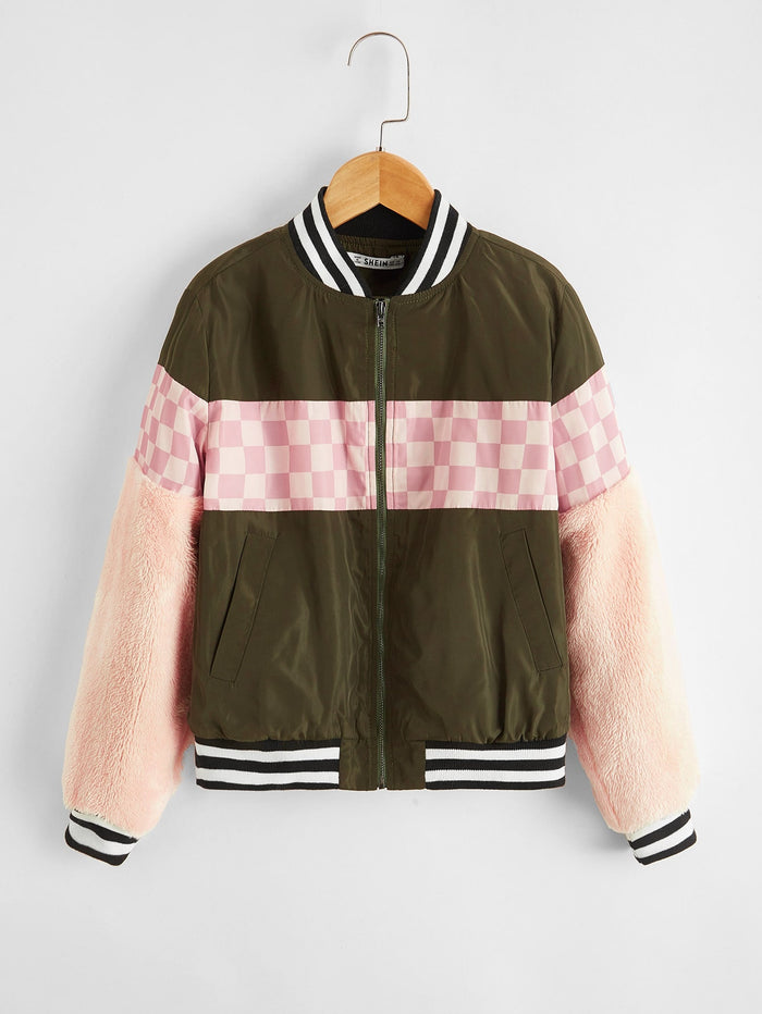 Girls Faux Shearling Panel Checkered and Striped Wind Bomber Jacket