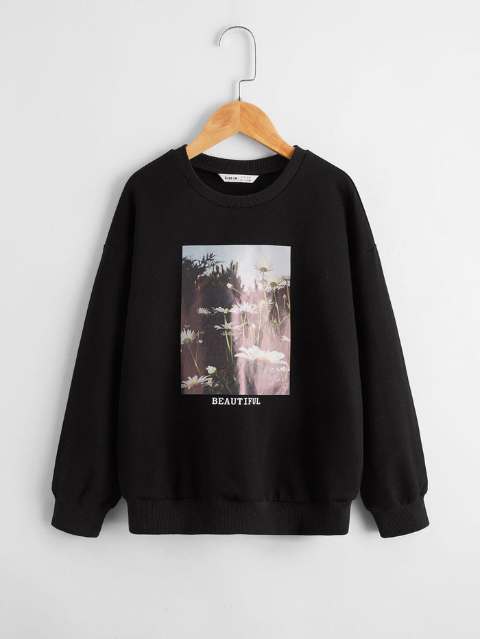 Girls Letter & Floral Print Pullover