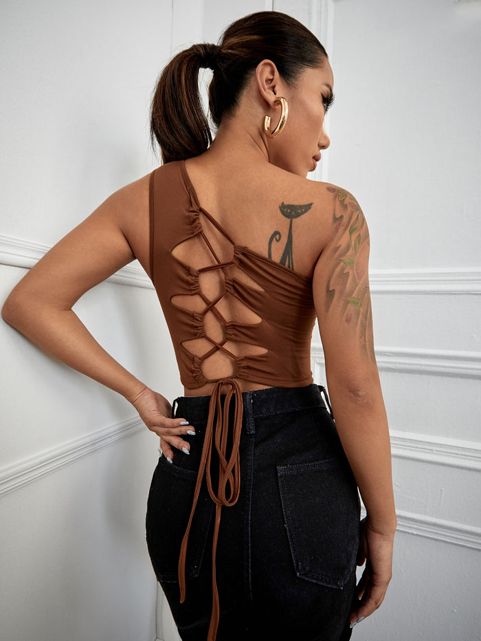 One Shoulder Lace Up Backless Top Coffee Brown