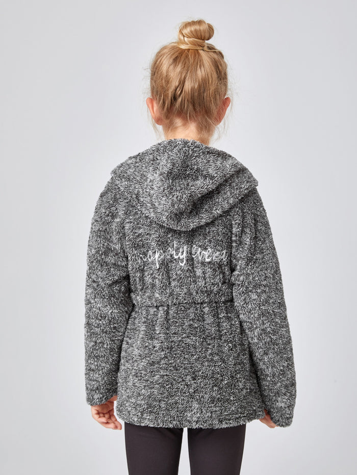 Girls Drop Shoulder Embroidery Letter Button Placket Hooded Teddy Coat