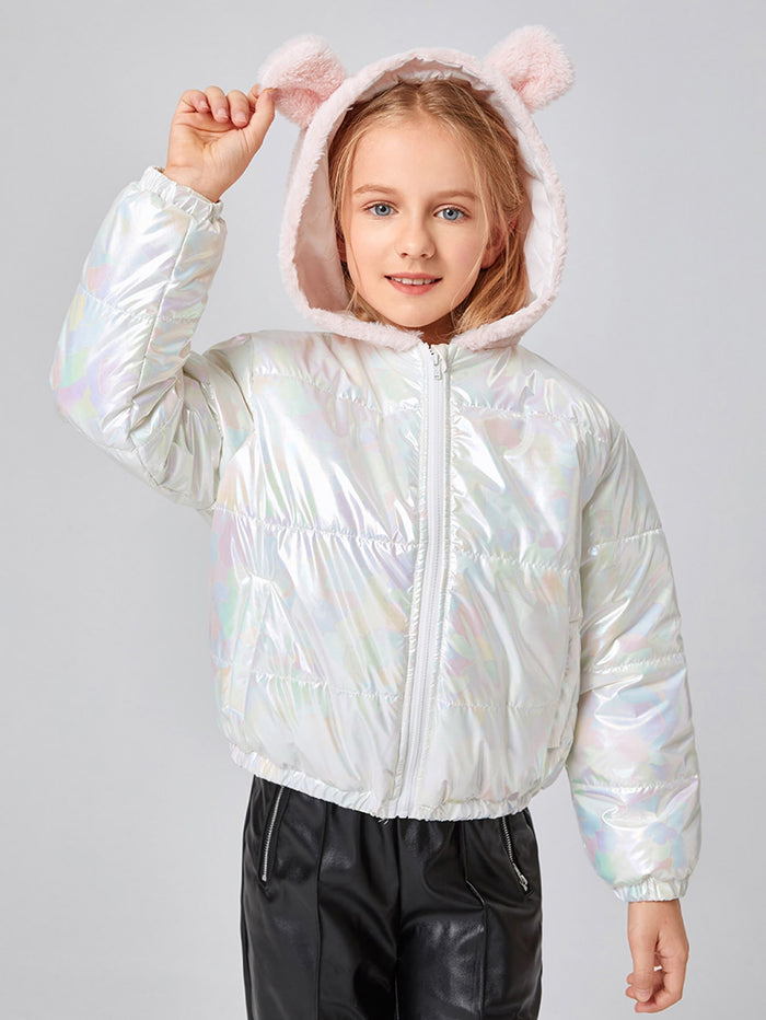 Girls Zip Up 3D Ear Design Hooded Holographic Puffer Jacket