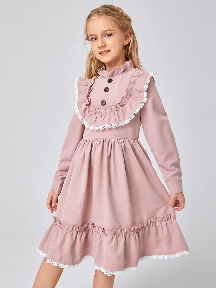 Girls Contrast Lace Trim Ruffle Detail Flare Dress