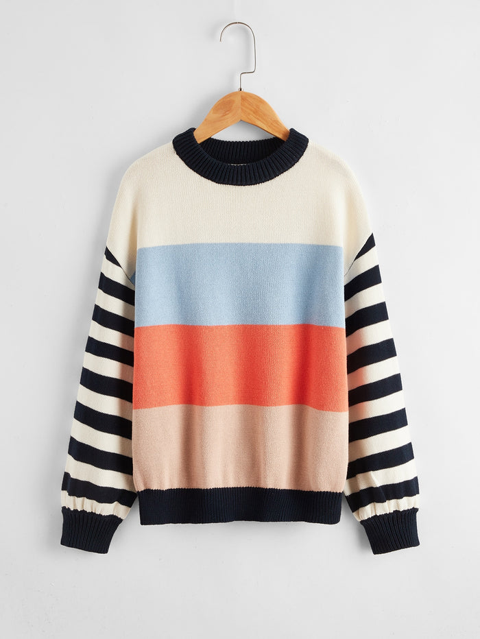 Girls Colorblock Striped Side Sweater