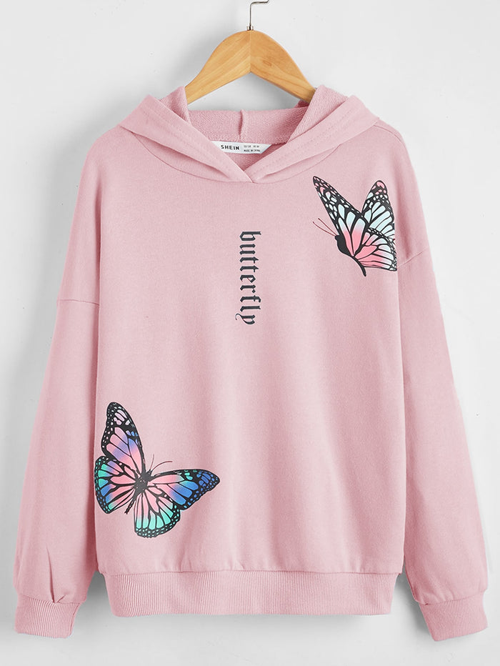 Girls Drop Shoulder Letter and Butterfly Print Hoodie Baby Pink