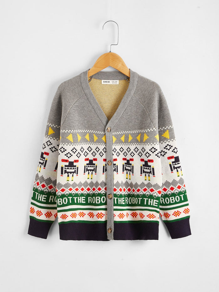 Boys Letter & Graphic Pattern Cardigan