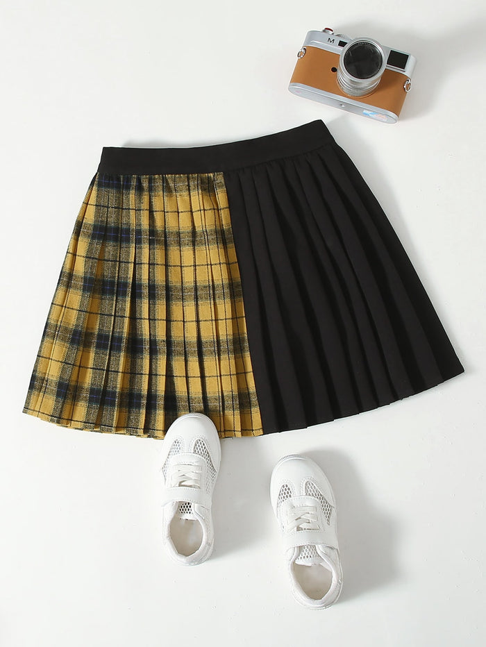 Girls Tartan Panel Pleated Skirt Multicolor