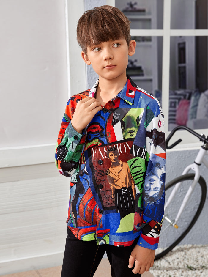 Boys Collared Pop Art Print Shirt