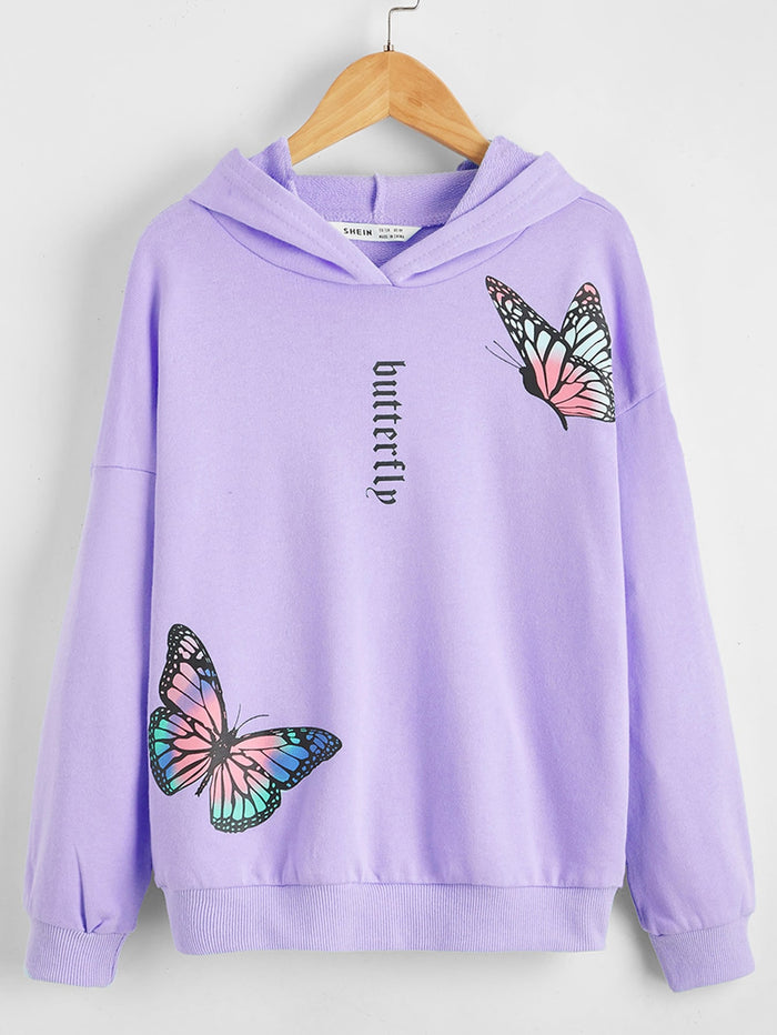 Girls Drop Shoulder Letter and Butterfly Print Hoodie Lilac Purple
