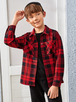 Kid Boy Lapel Collar Pocket Button Design Plaid Colorblock Long-sleeve Shirt