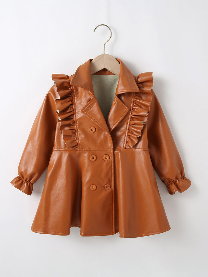 Toddler Girl Ruffle Trim Double Breasted PU Trench Coat