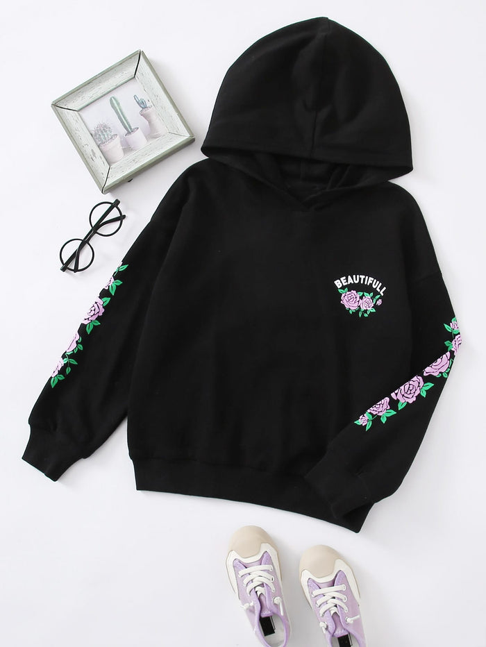 Girls Letter & Floral Print Hoodie