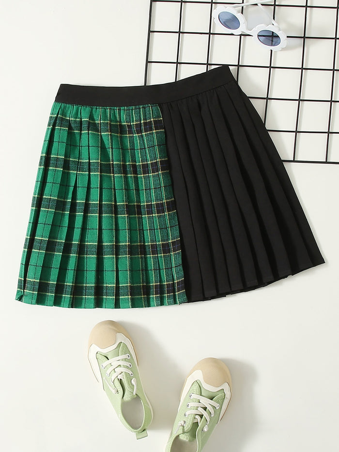 Girls Tartan Panel Pleated Skirt Multicolor