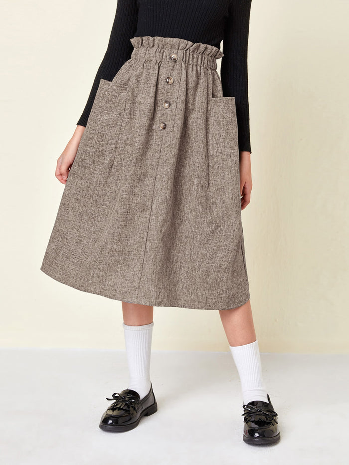 Girls Paperbag Waist Button Front Linen Look Skirt Khaki