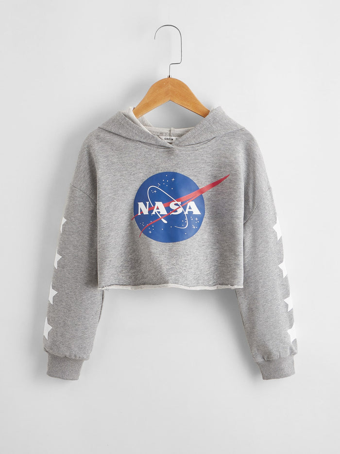Girls Geo & Graphic Print Drop Shoulder Crop Hoodie Grey