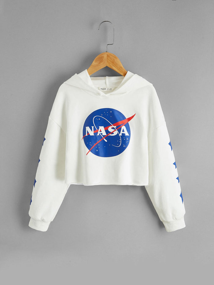 Girls Geo & Graphic Print Drop Shoulder Crop Hoodie White