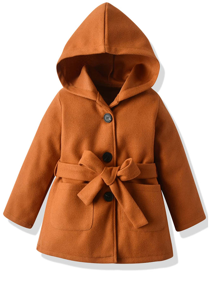 Toddler Girls Pocket Front Belted Hooded Coat Brown