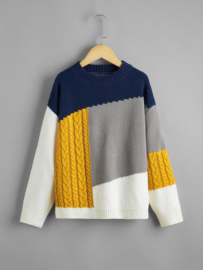 Girls Cable Knit Panel Colorblock Sweater