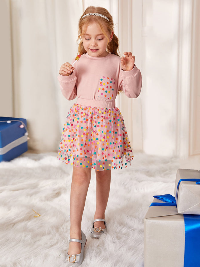 Toddler Girls Pocket Front Tee & Dot Mesh Overlay Skirt Set