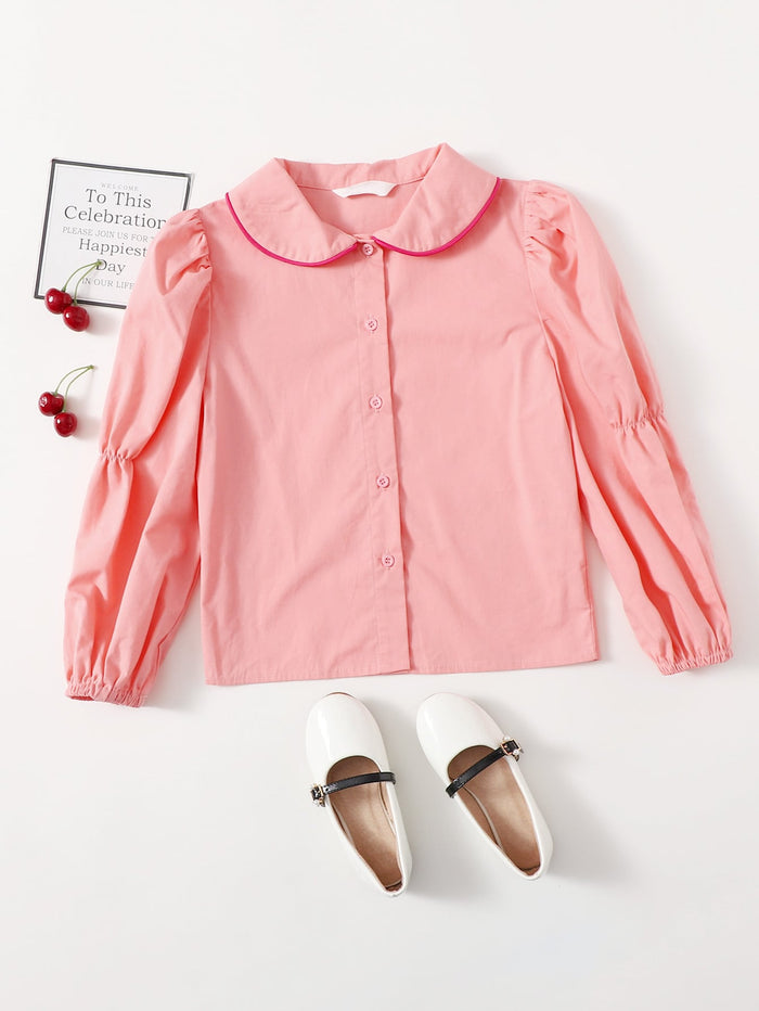 Girls Contrast Trim Collar Gathered Sleeve Blouse