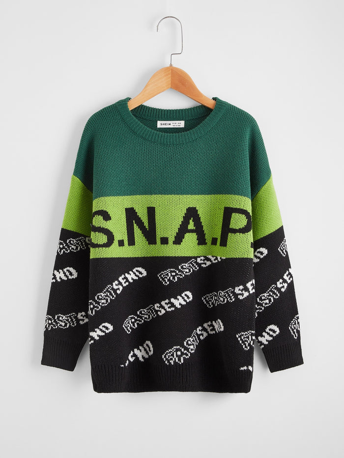 Boys Drop Shoulder Letter Pattern Colorblock Sweater