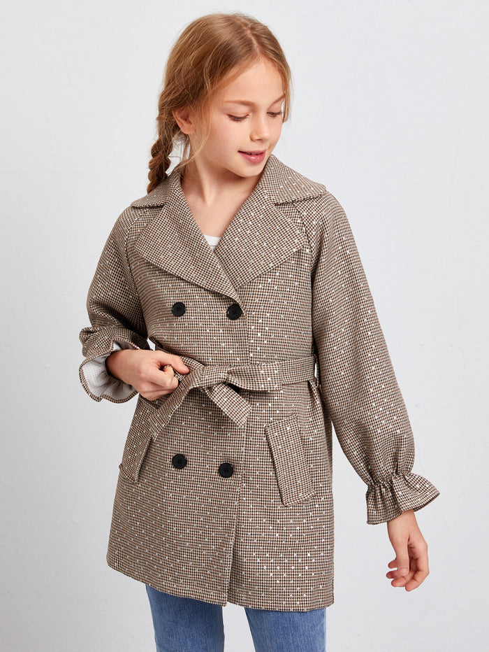 Girls Notch Collar Flounce Sleeve Belted Pea Coat