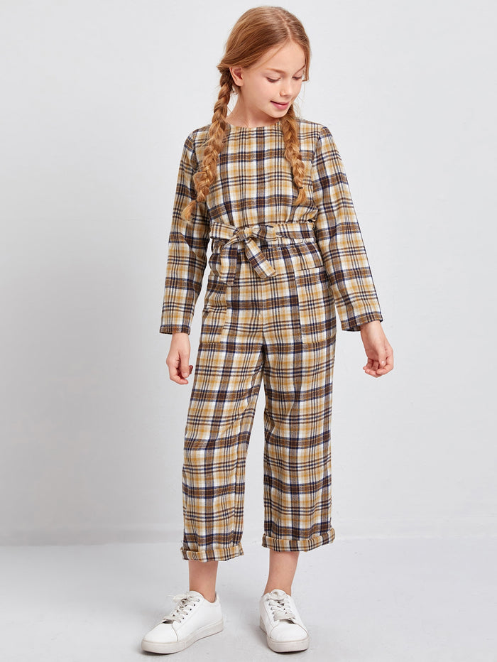 Girls Self Belted Pocket Front Cuffed Tartan Jumpsuit