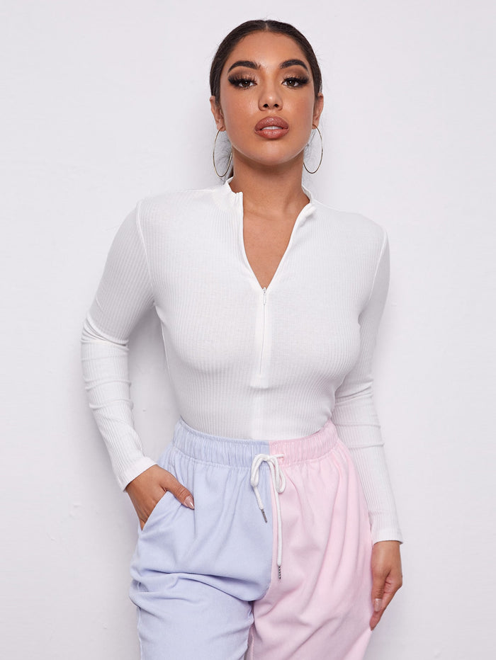 Zip Half Placket Rib-knit Tee White